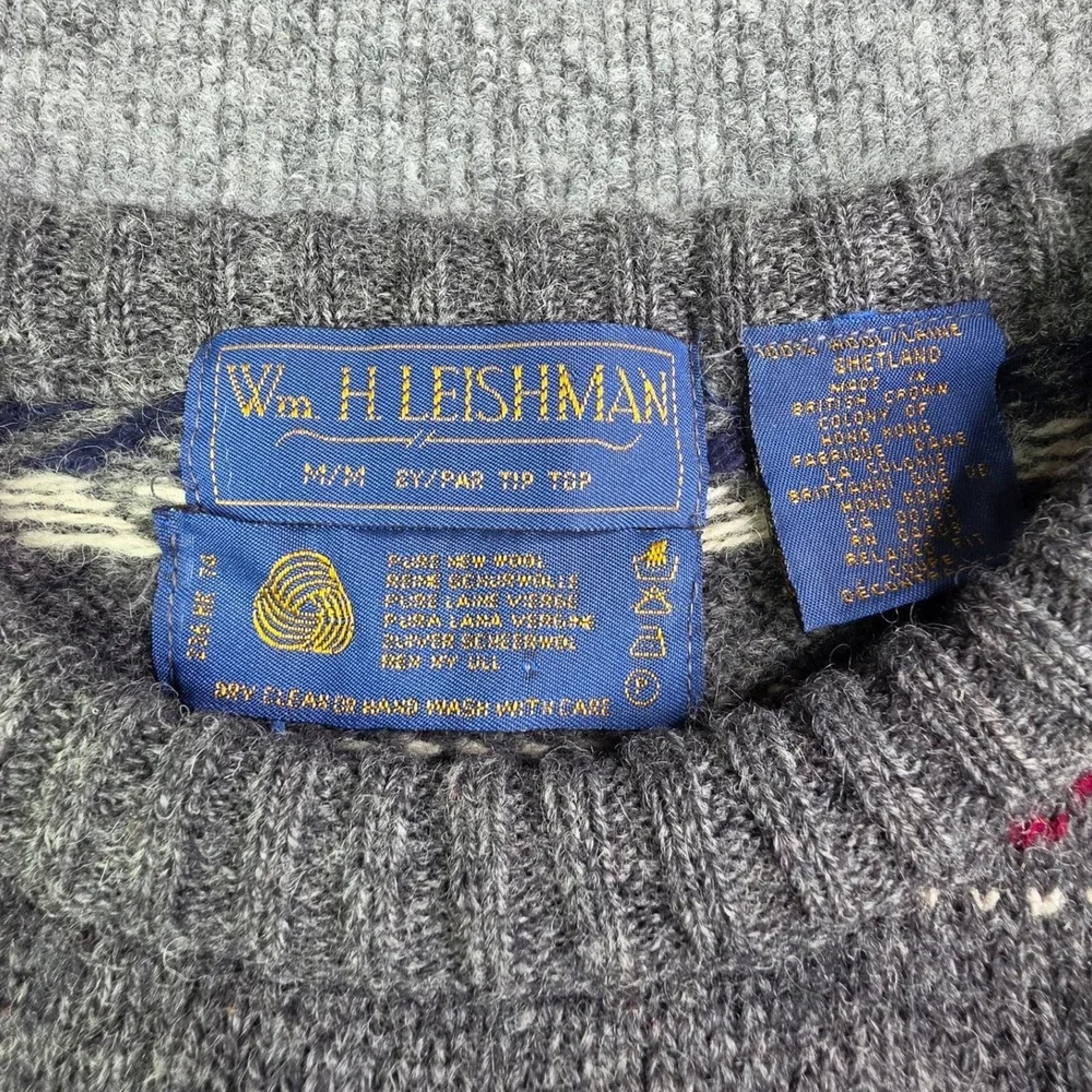 Wm. H. Leishman Sweater Mens M Grey‎ Fair Isle Shetland Wool Crewneck Pullover